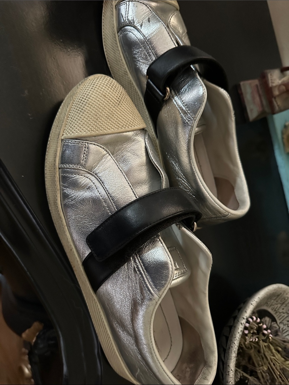 Prada Metallic Silver Leather Sneakers with Black Strap